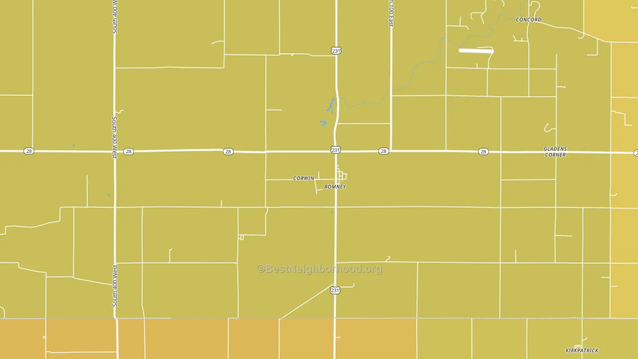 Map of the best neighborhoods in the 47981 area, with better matches in green and worse matches in red