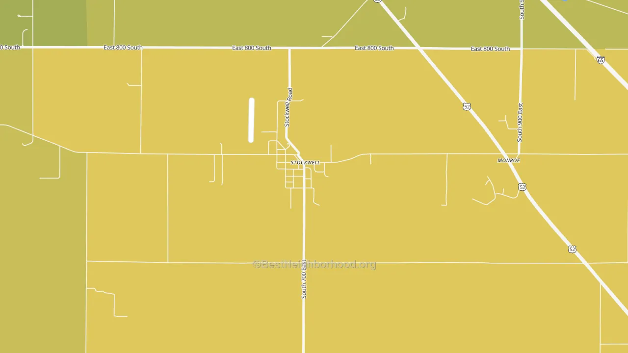 Map of the best neighborhoods in the 47983 area, with better matches in green and worse matches in red