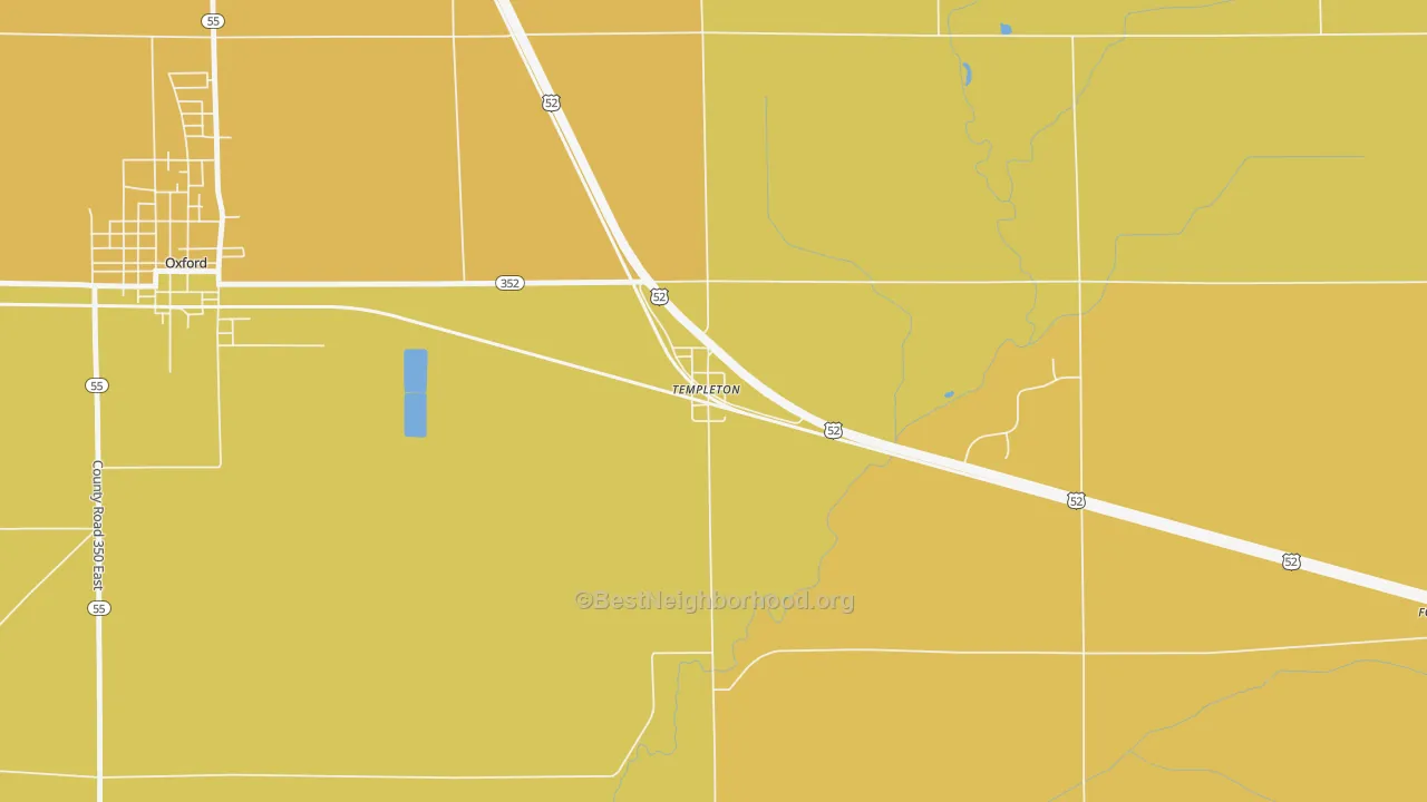 Map of the best neighborhoods in the 47986 area, with better matches in green and worse matches in red