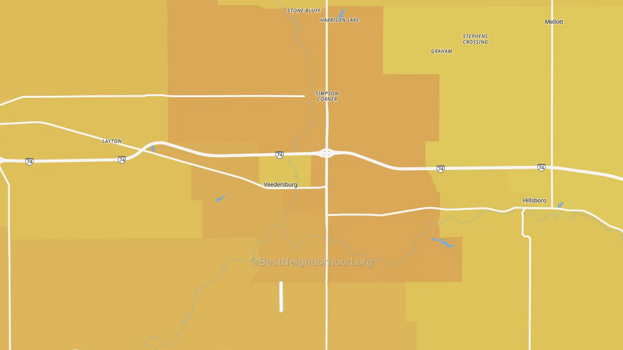 Map of the best neighborhoods in the 47987 area, with better matches in green and worse matches in red