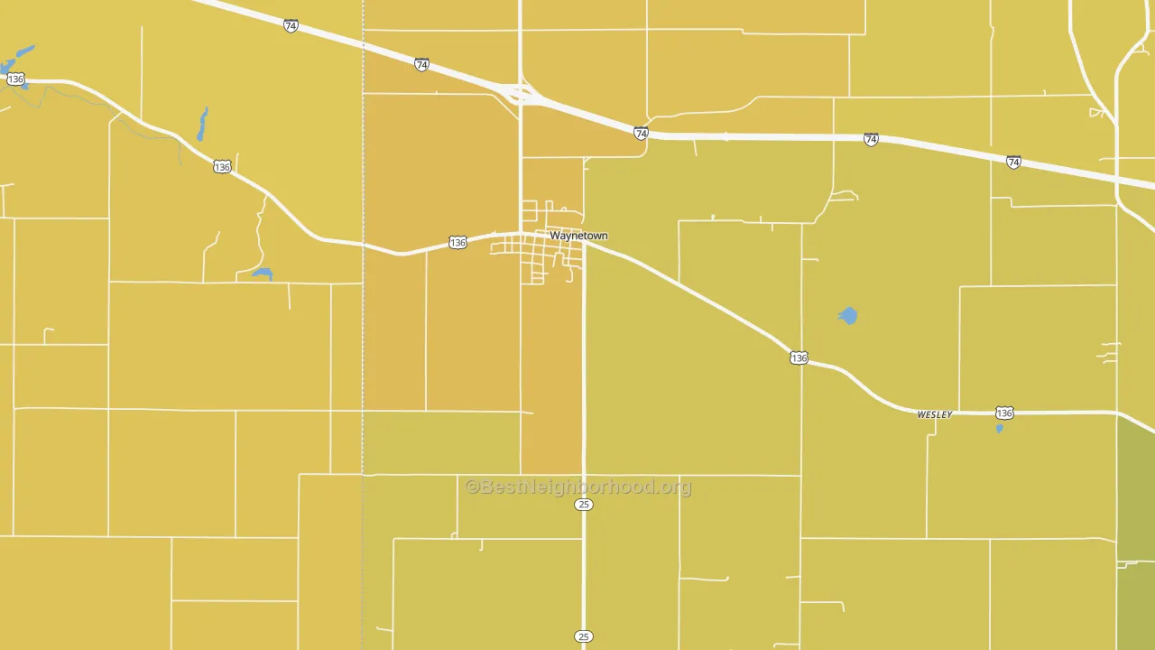 Map of the best neighborhoods in the 47990 area, with better matches in green and worse matches in red