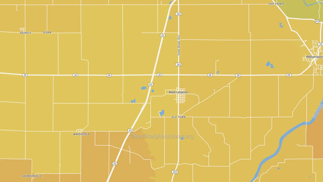 Map of the best neighborhoods in the 47991 area, with better matches in green and worse matches in red