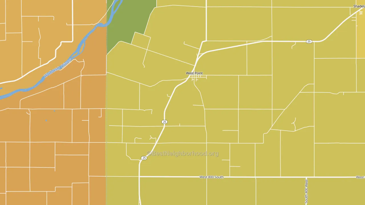 Map of the best neighborhoods in the 47992 area, with better matches in green and worse matches in red