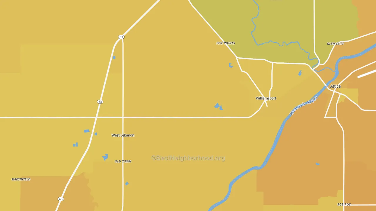 Map of the best neighborhoods in the 47993 area, with better matches in green and worse matches in red