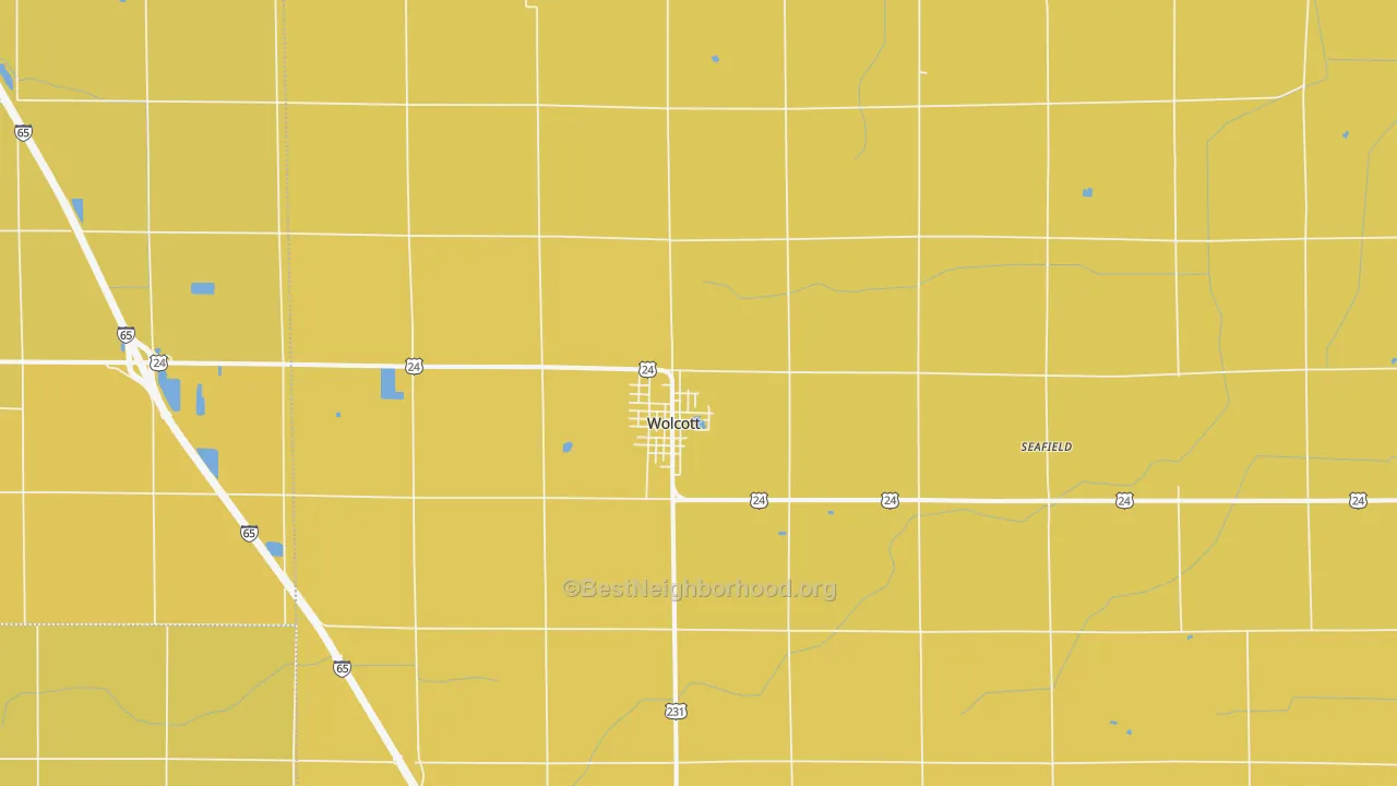 Map of the best neighborhoods in the 47995 area, with better matches in green and worse matches in red