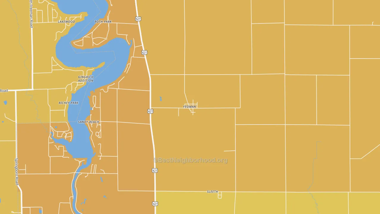 Map of the best neighborhoods in the 47997 area, with better matches in green and worse matches in red