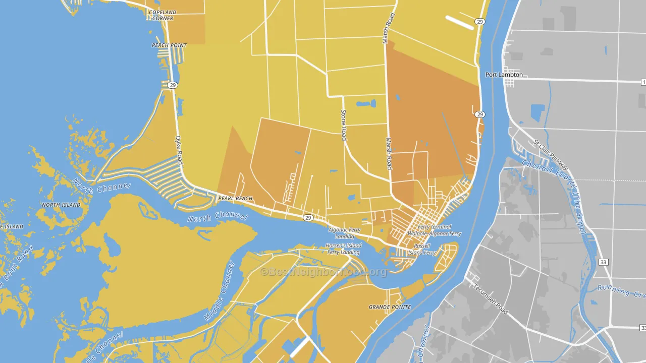 Map of the best neighborhoods in the 48001 area, with better matches in green and worse matches in red