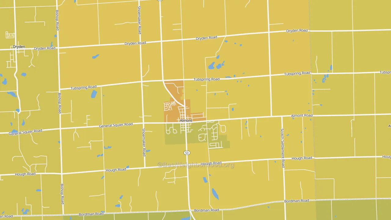 Map of the best neighborhoods in the 48003 area, with better matches in green and worse matches in red