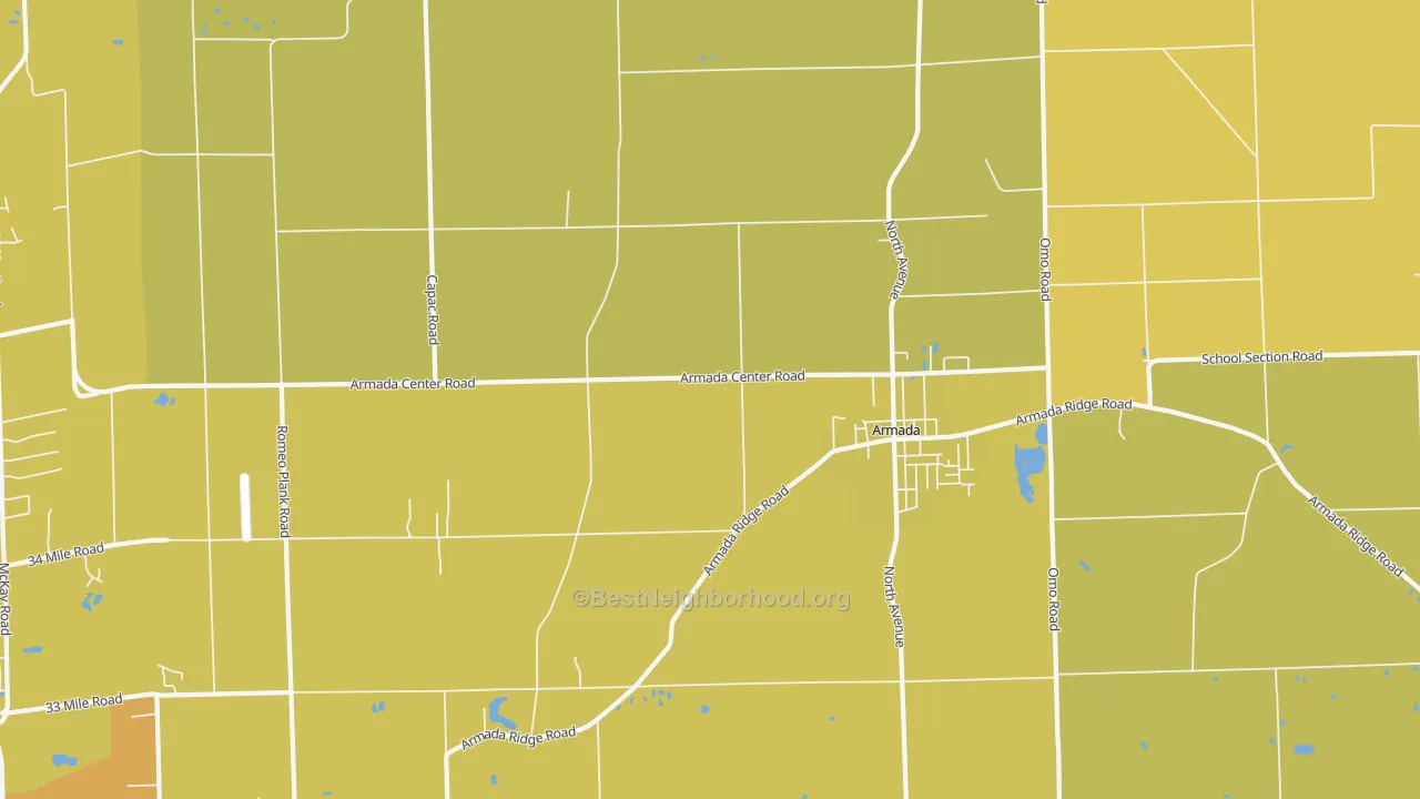 Map of the best neighborhoods in the 48005 area, with better matches in green and worse matches in red
