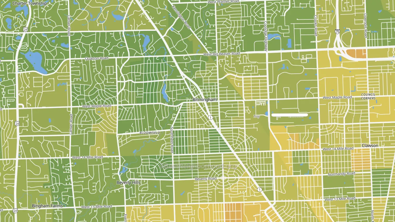 Map of the best neighborhoods in the 48009 area, with better matches in green and worse matches in red