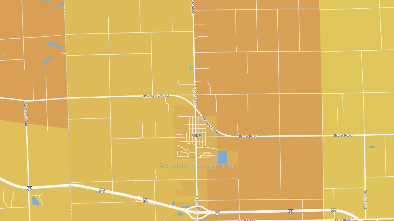 Map of the best neighborhoods in the 48014 area, with better matches in green and worse matches in red