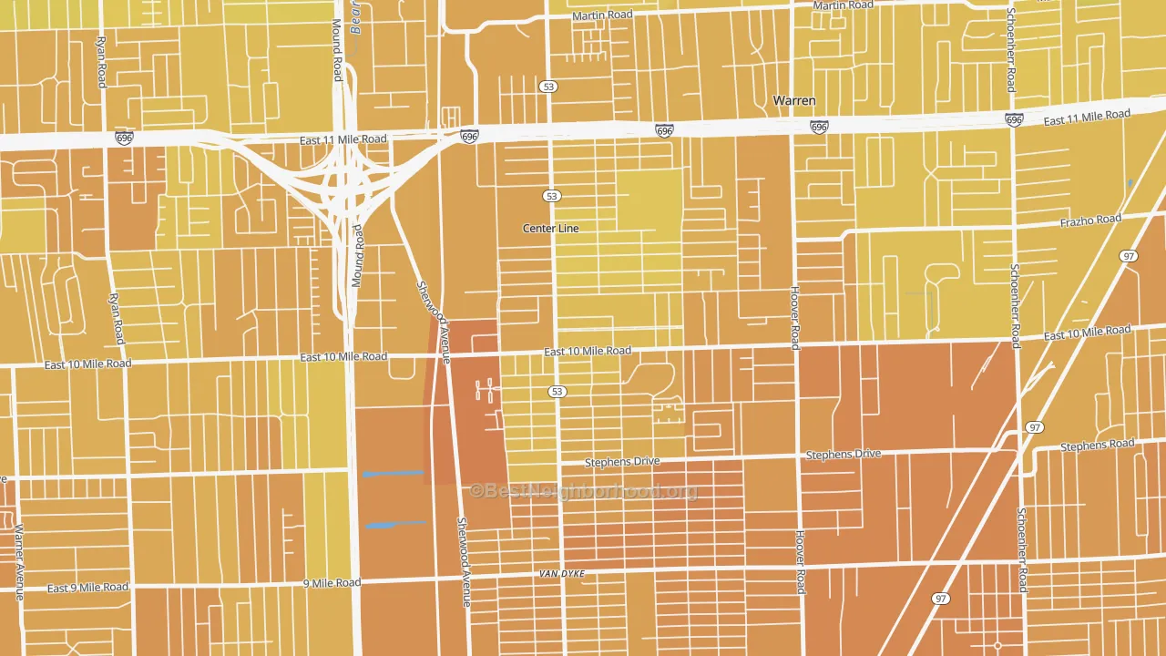 Map of the best neighborhoods in the 48015 area, with better matches in green and worse matches in red