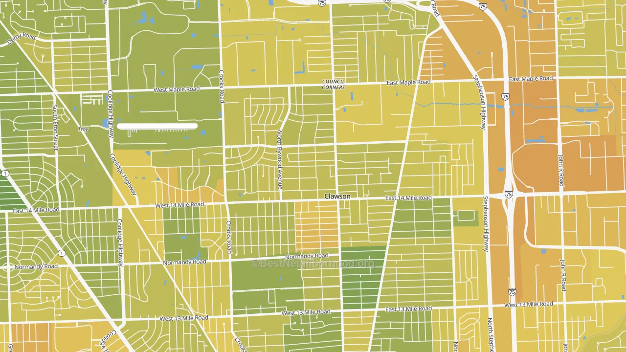 Map of the best neighborhoods in the 48017 area, with better matches in green and worse matches in red