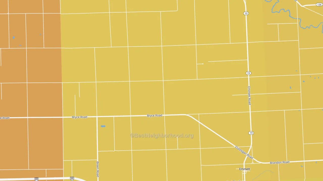 Map of the best neighborhoods in the 48022 area, with better matches in green and worse matches in red