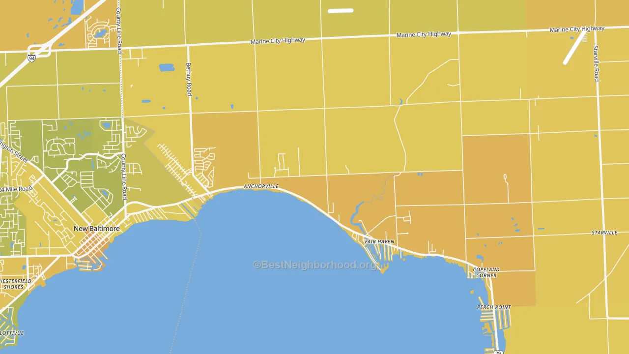Map of the best neighborhoods in the 48023 area, with better matches in green and worse matches in red