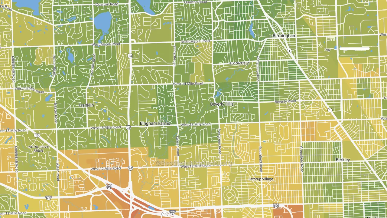 Map of the best neighborhoods in the 48025 area, with better matches in green and worse matches in red