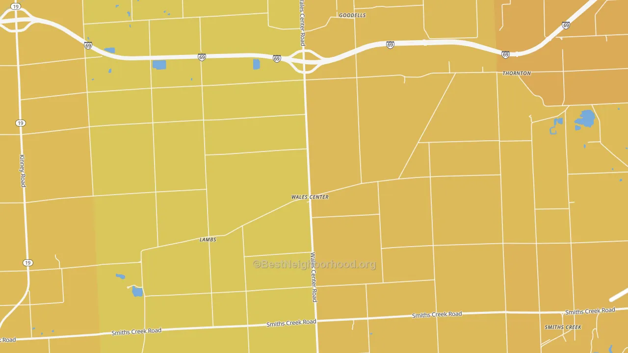 Map of the best neighborhoods in the 48027 area, with better matches in green and worse matches in red