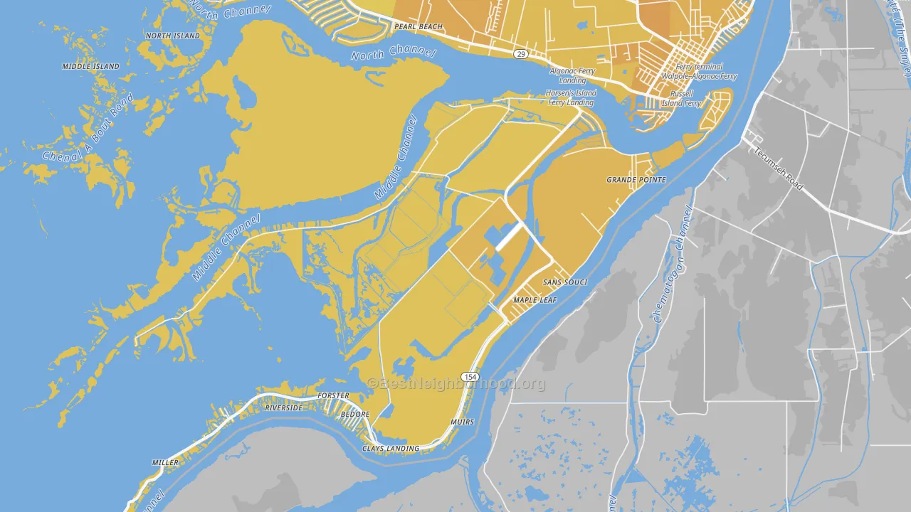 Map of the best neighborhoods in the 48028 area, with better matches in green and worse matches in red