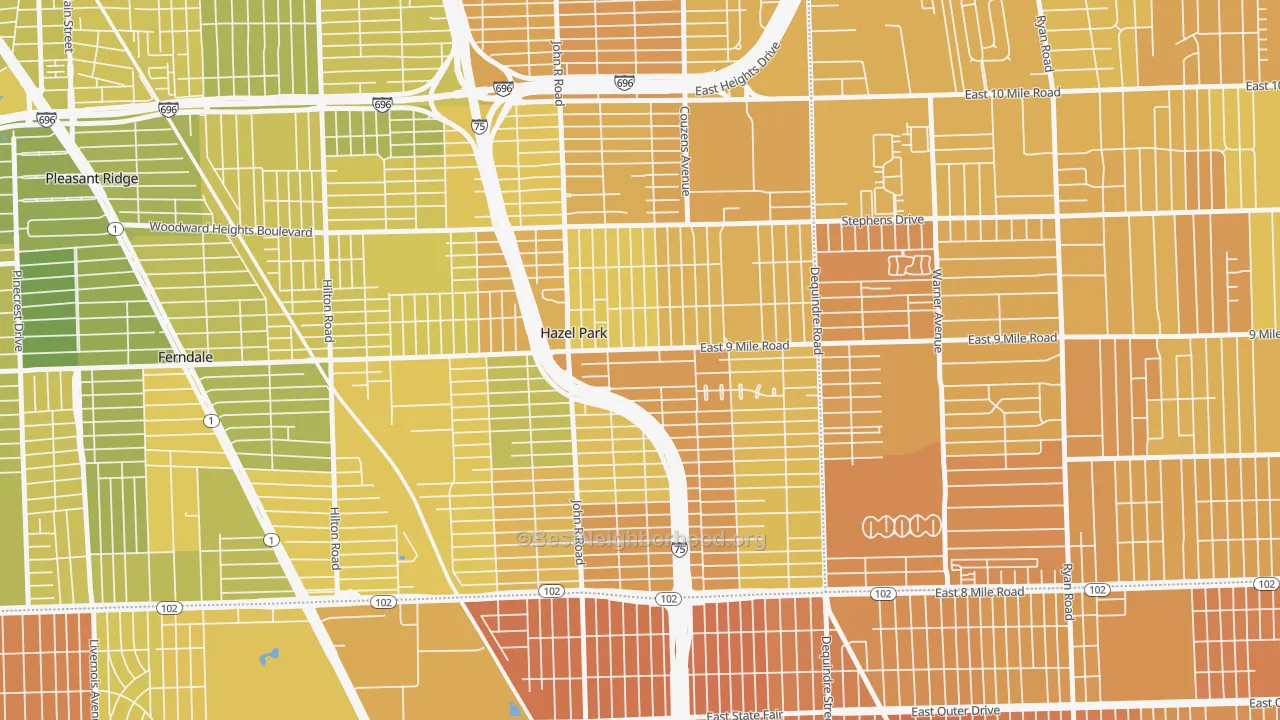 Map of the best neighborhoods in the 48030 area, with better matches in green and worse matches in red