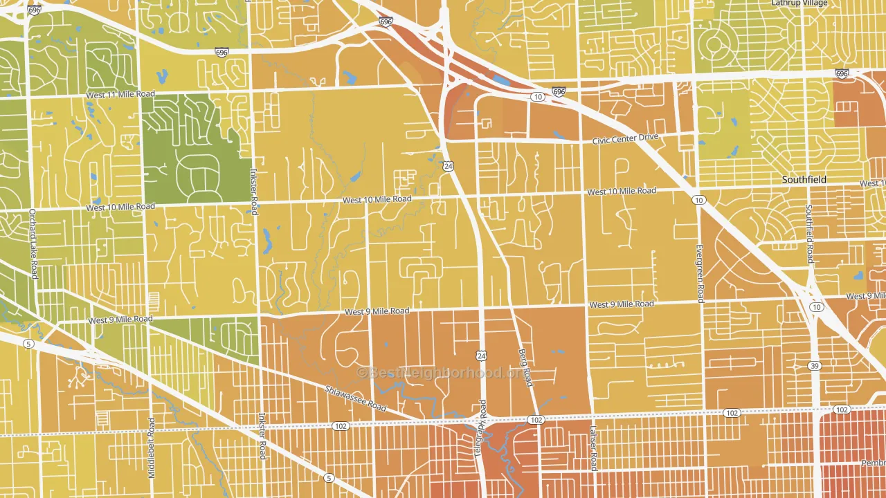 Map of the best neighborhoods in the 48033 area, with better matches in green and worse matches in red