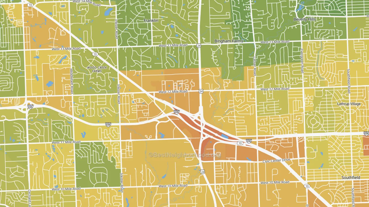 Map of the best neighborhoods in the 48034 area, with better matches in green and worse matches in red