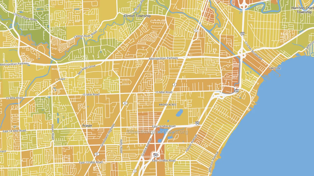 Map of the best neighborhoods in the 48035 area, with better matches in green and worse matches in red