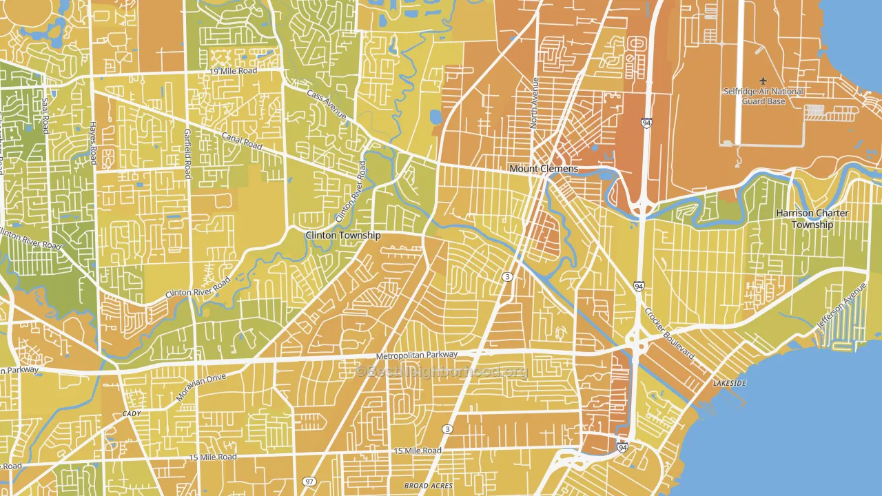 Map of the best neighborhoods in the 48036 area, with better matches in green and worse matches in red