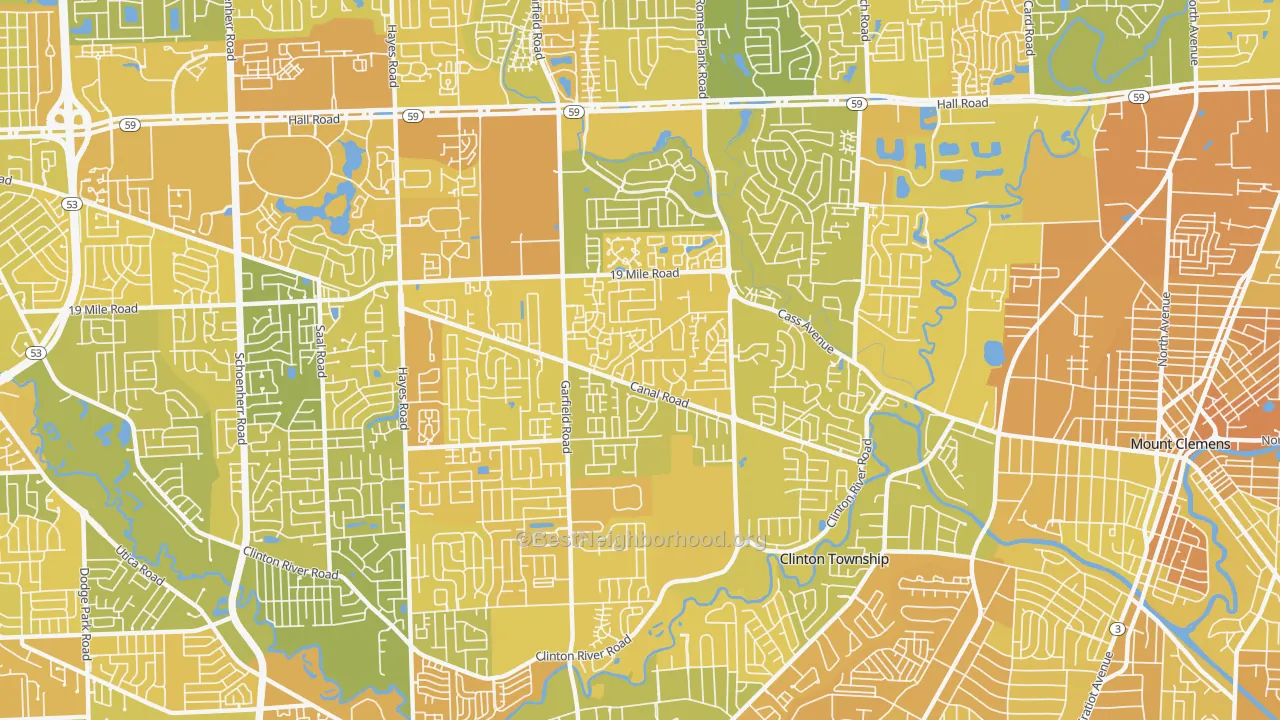 Map of the best neighborhoods in the 48038 area, with better matches in green and worse matches in red