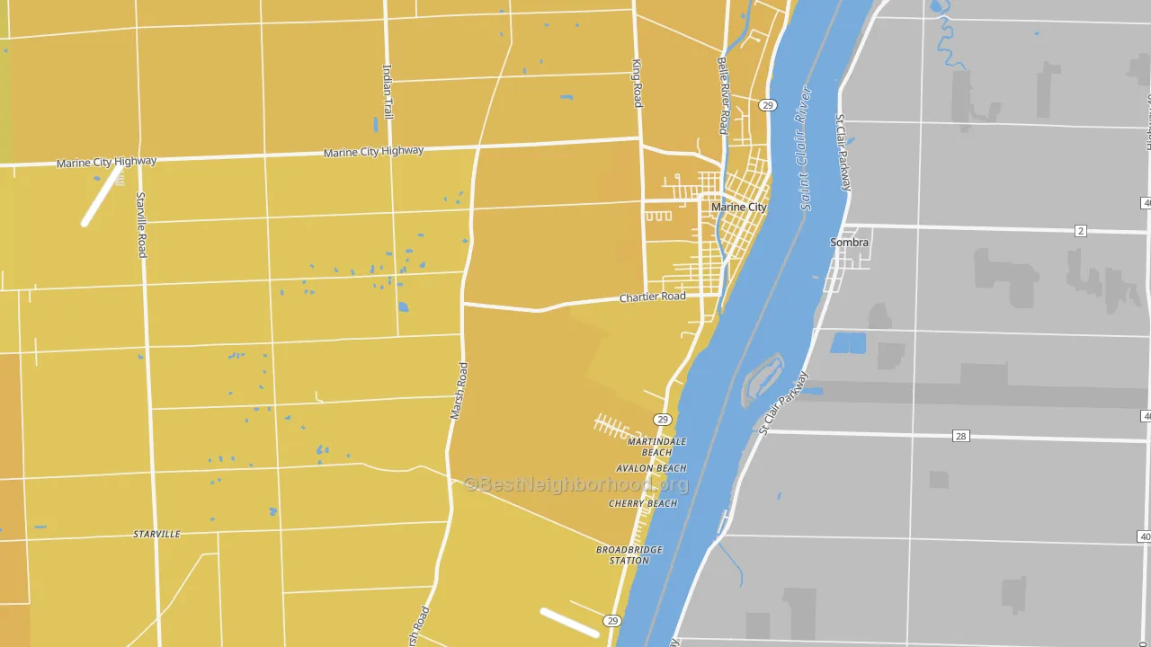 Map of the best neighborhoods in the 48039 area, with better matches in green and worse matches in red