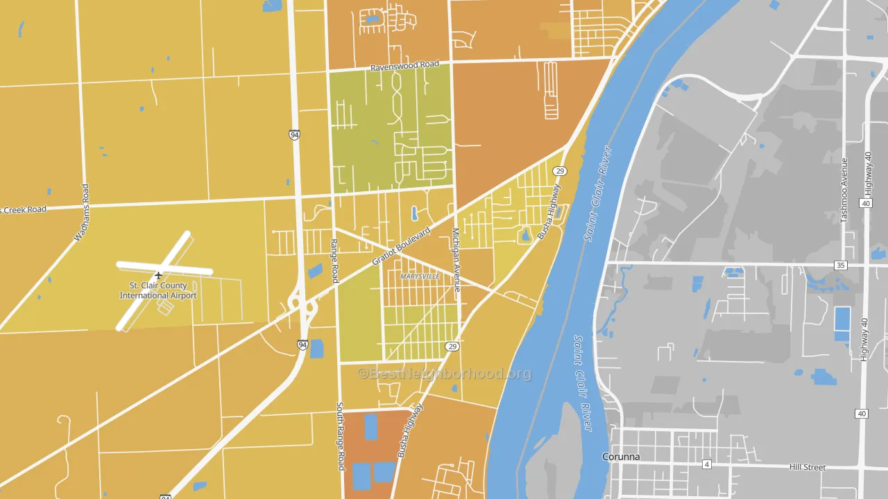 Map of the best neighborhoods in the 48040 area, with better matches in green and worse matches in red