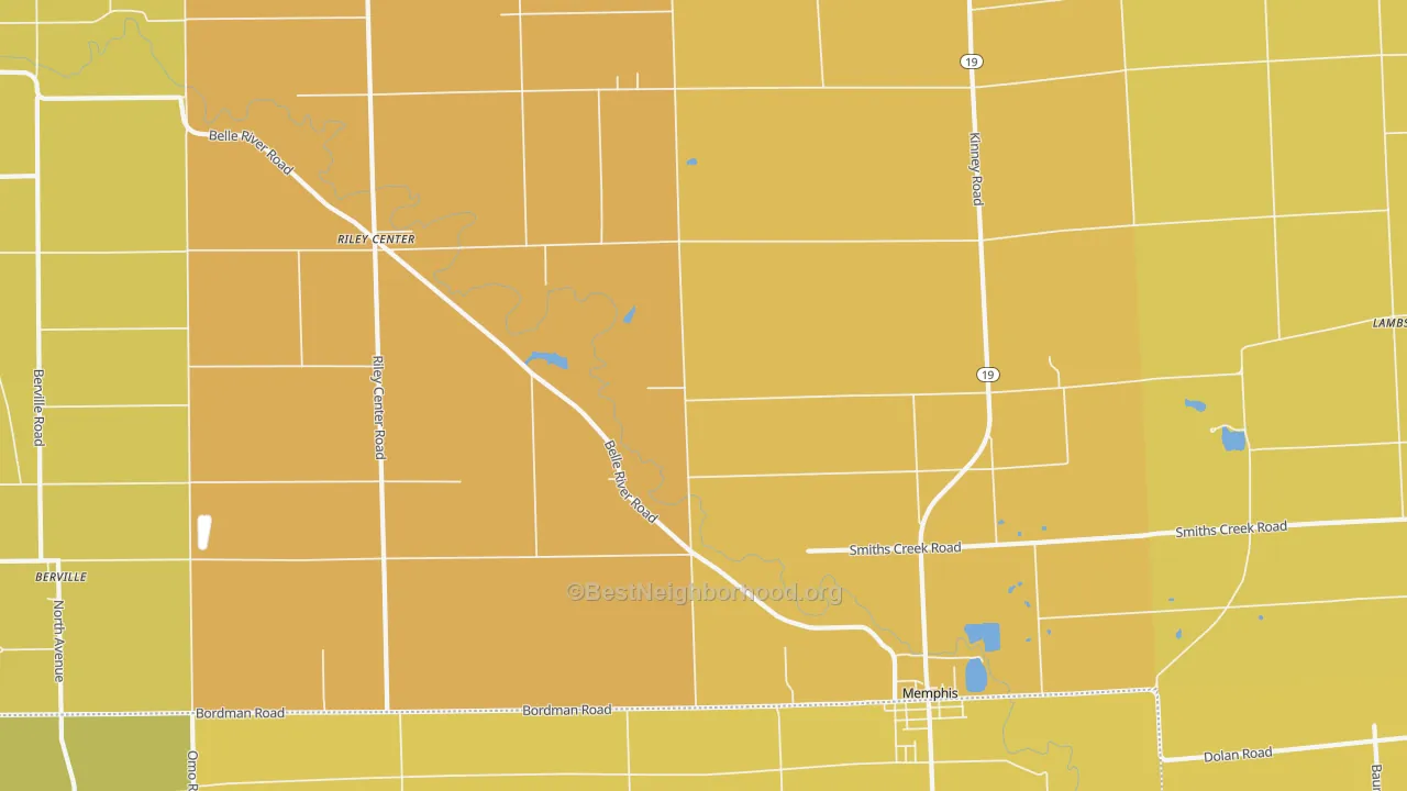 Map of the best neighborhoods in the 48041 area, with better matches in green and worse matches in red