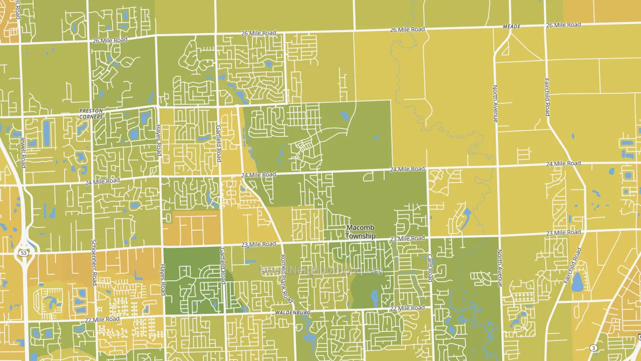 Map of the best neighborhoods in the 48042 area, with better matches in green and worse matches in red