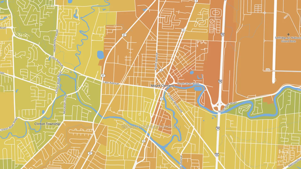 Map of the best neighborhoods in the 48043 area, with better matches in green and worse matches in red