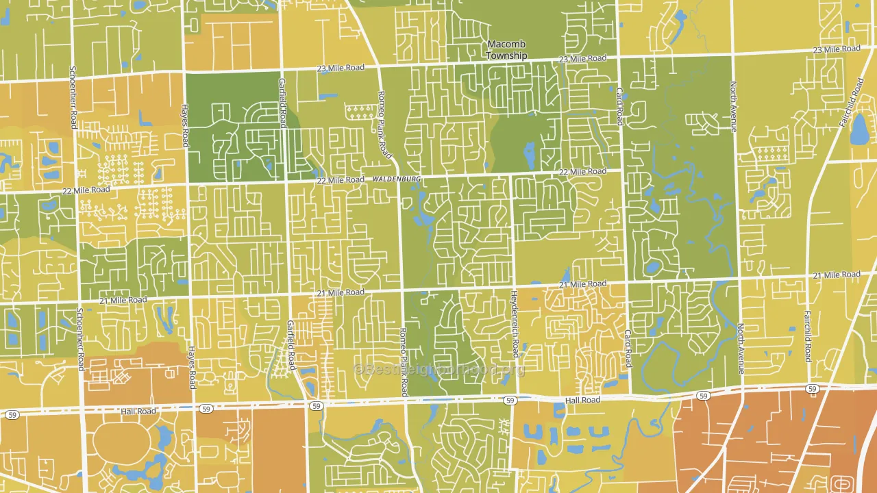 Map of the best neighborhoods in the 48044 area, with better matches in green and worse matches in red