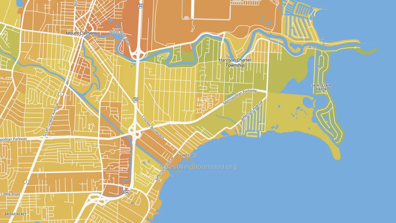 Map of the best neighborhoods in the 48045 area, with better matches in green and worse matches in red