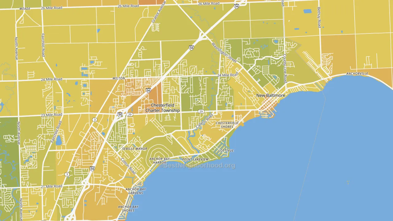 Map of the best neighborhoods in the 48047 area, with better matches in green and worse matches in red