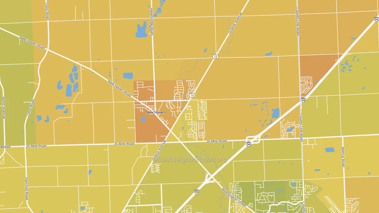 Map of the best neighborhoods in the 48048 area, with better matches in green and worse matches in red