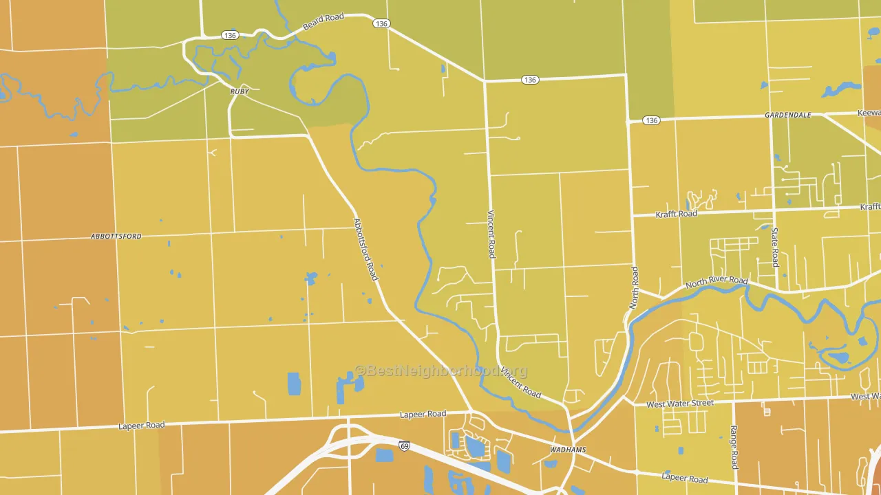 Map of the best neighborhoods in the 48049 area, with better matches in green and worse matches in red