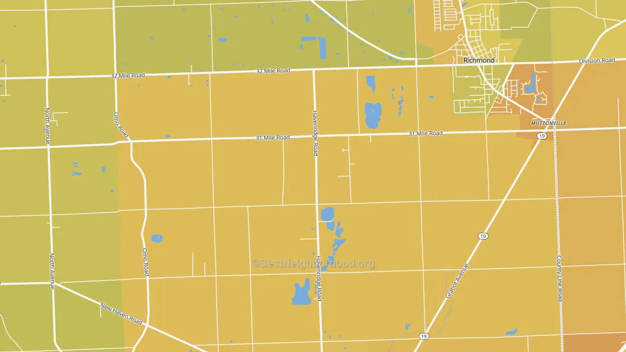 Map of the best neighborhoods in the 48050 area, with better matches in green and worse matches in red