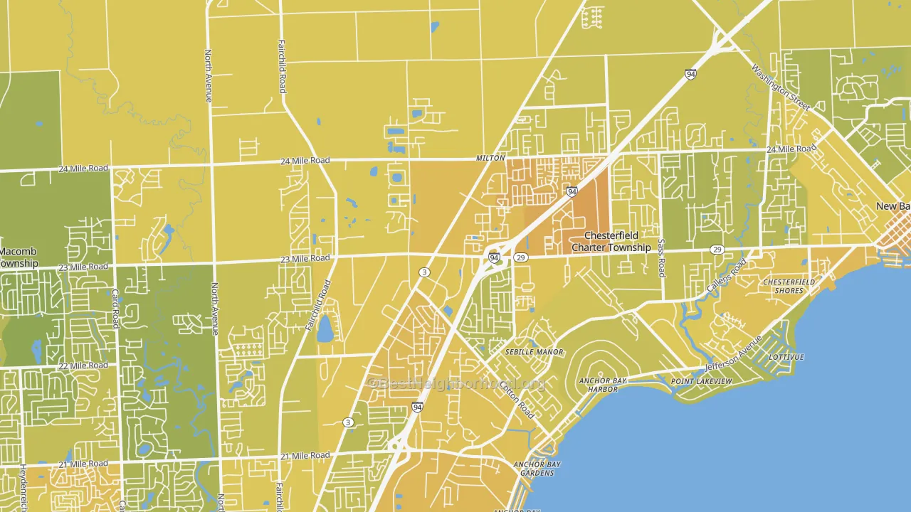 Map of the best neighborhoods in the 48051 area, with better matches in green and worse matches in red