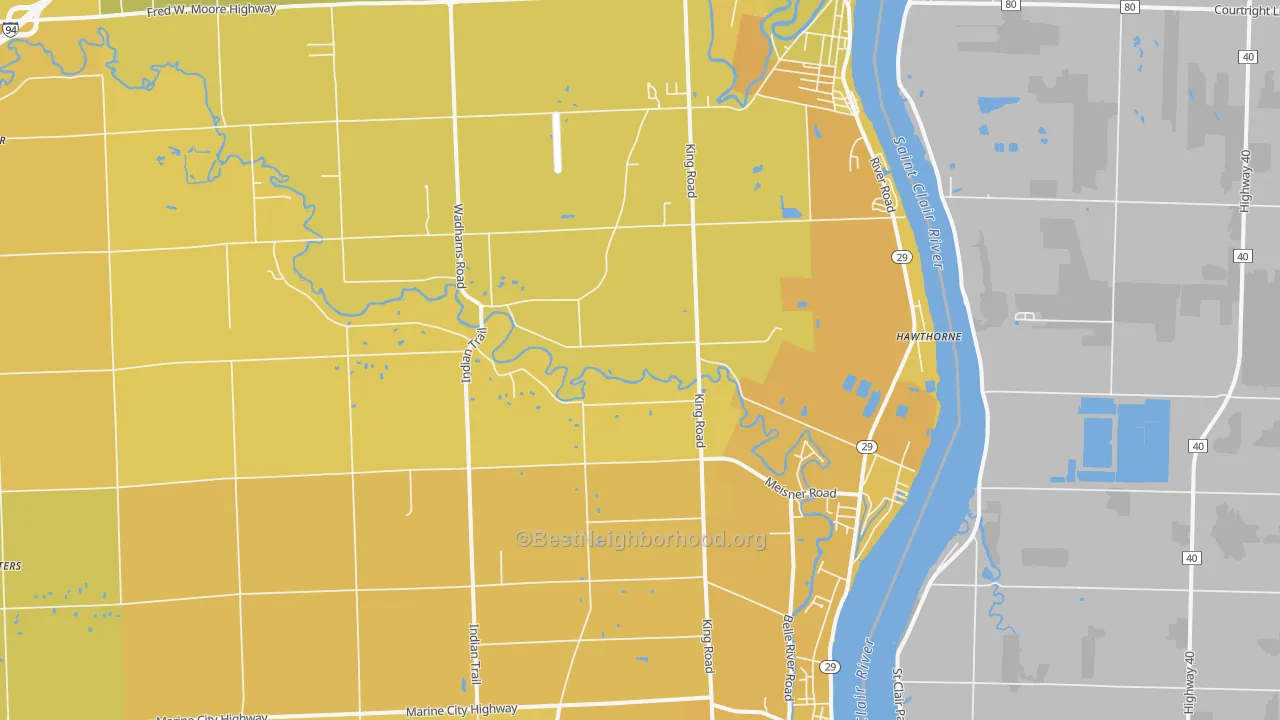 Map of the best neighborhoods in the 48054 area, with better matches in green and worse matches in red