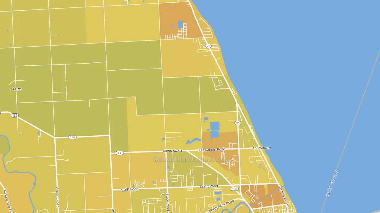 Map of the best neighborhoods in the 48059 area, with better matches in green and worse matches in red