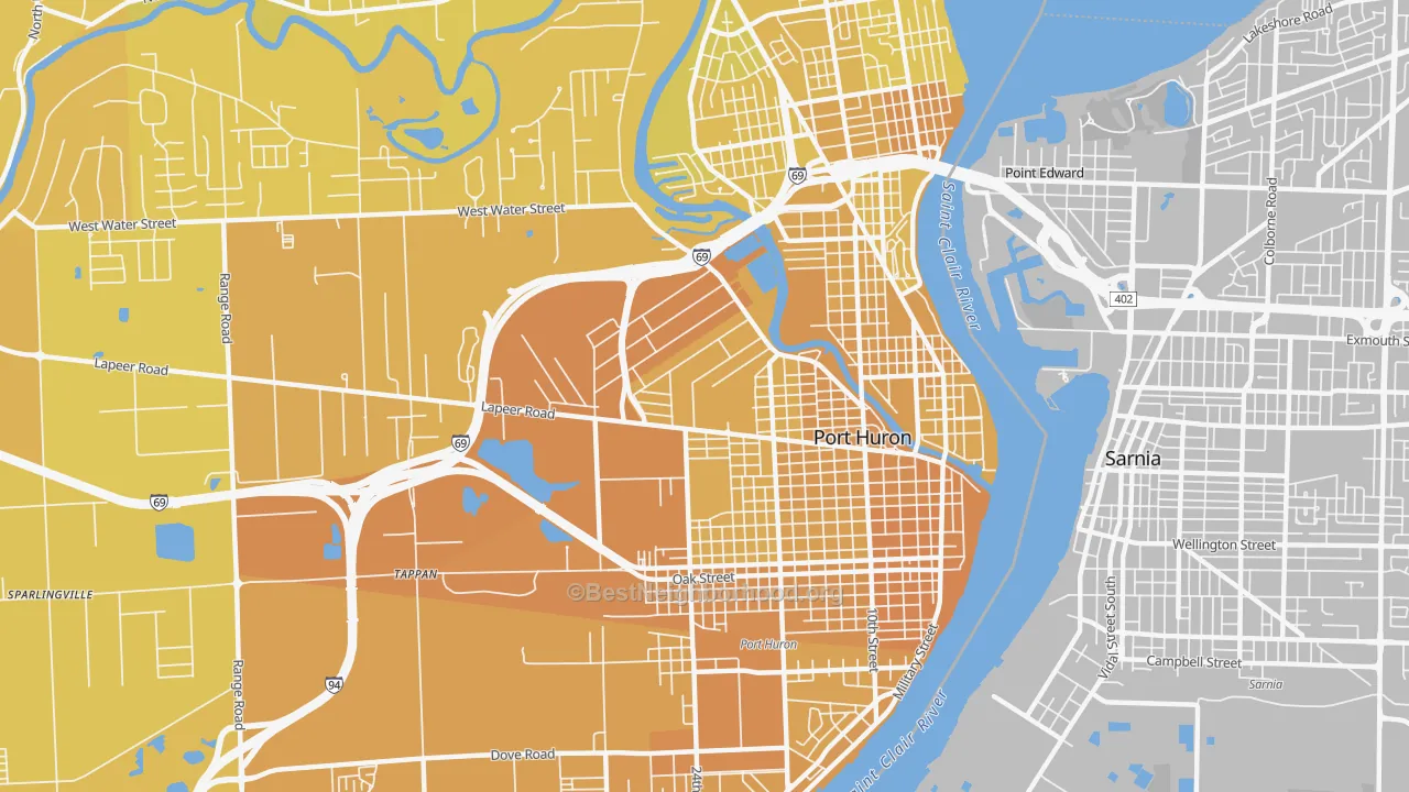 Map of the best neighborhoods in the 48060 area, with better matches in green and worse matches in red