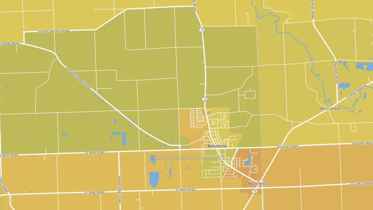 Map of the best neighborhoods in the 48062 area, with better matches in green and worse matches in red