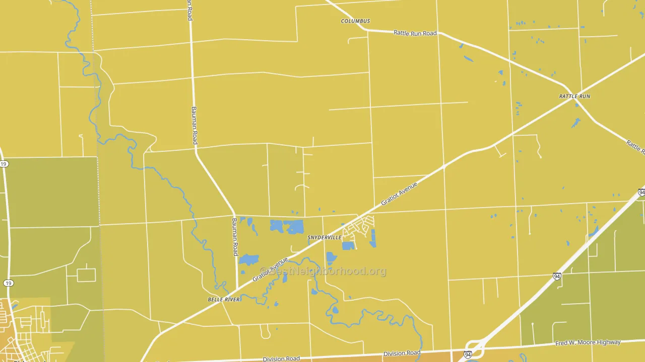 Map of the best neighborhoods in the 48063 area, with better matches in green and worse matches in red