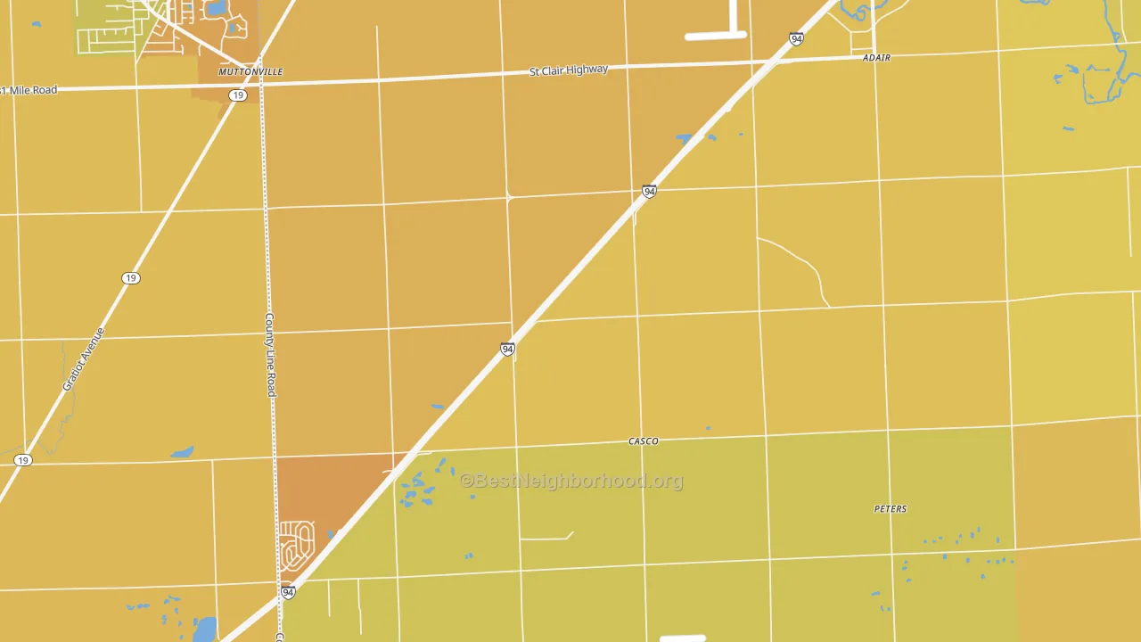 Map of the best neighborhoods in the 48064 area, with better matches in green and worse matches in red