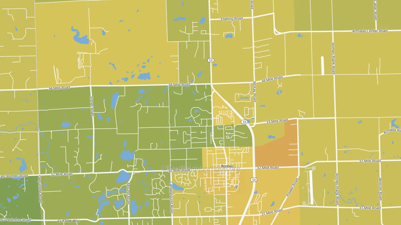 Map of the best neighborhoods in the 48065 area, with better matches in green and worse matches in red