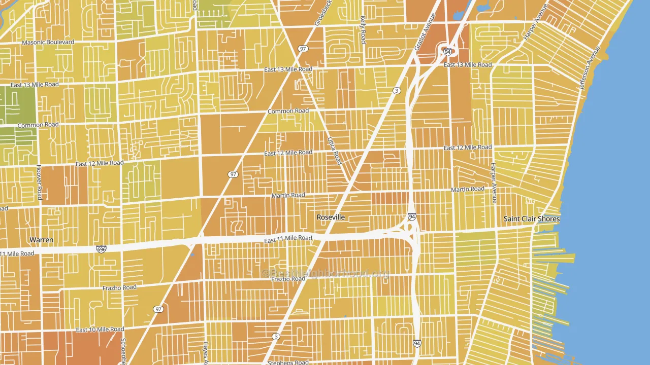 Map of the best neighborhoods in the 48066 area, with better matches in green and worse matches in red