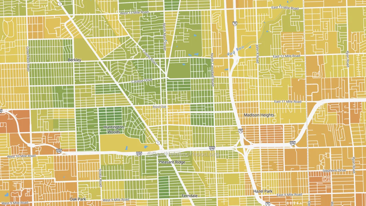 Map of the best neighborhoods in the 48067 area, with better matches in green and worse matches in red
