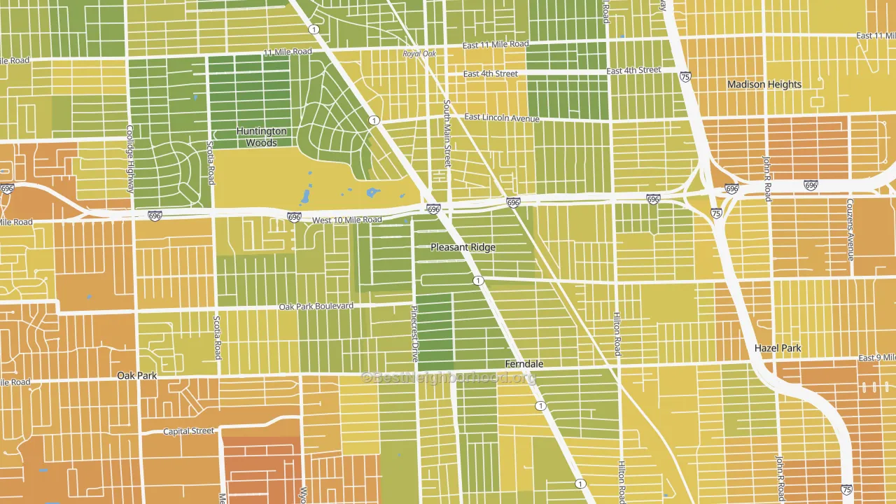 Map of the best neighborhoods in the 48069 area, with better matches in green and worse matches in red